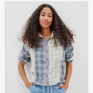 American Eagle Size M Cropped Flannel Shirt Green Patchwork Plaid Distressed